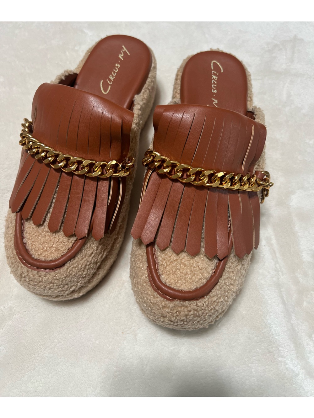 Circus NY Sam Edelman Joan Kiltie Platform Mules Teddy Fringe Gold Chain 7.5
